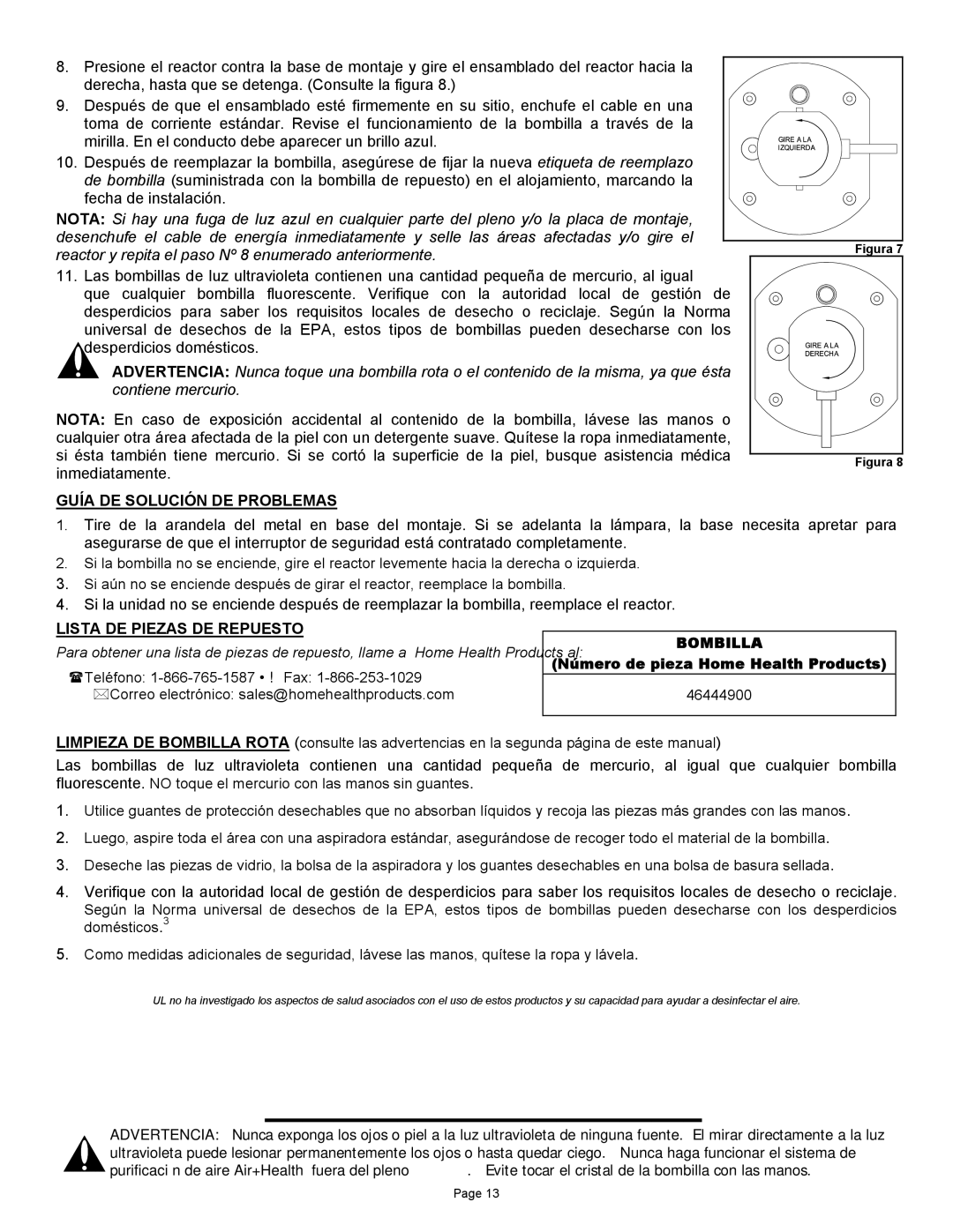 Air Health AH-1, AH-RL instruction sheet Guía DE Solución DE Problemas, Teléfono 1-866-765-1587 !Fax 