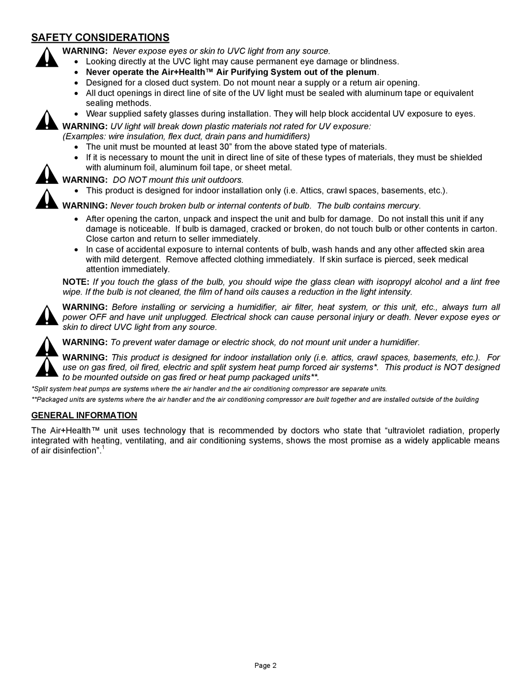 Air Health AH-RL, AH-1 instruction sheet Safety Considerations, General Information 