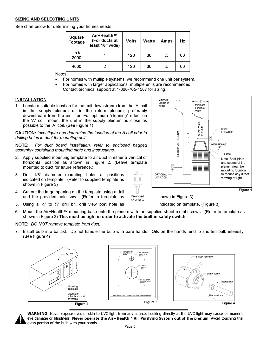 Air Health AH-1, AH-RL instruction sheet Sizing and Selecting Units, Installation 