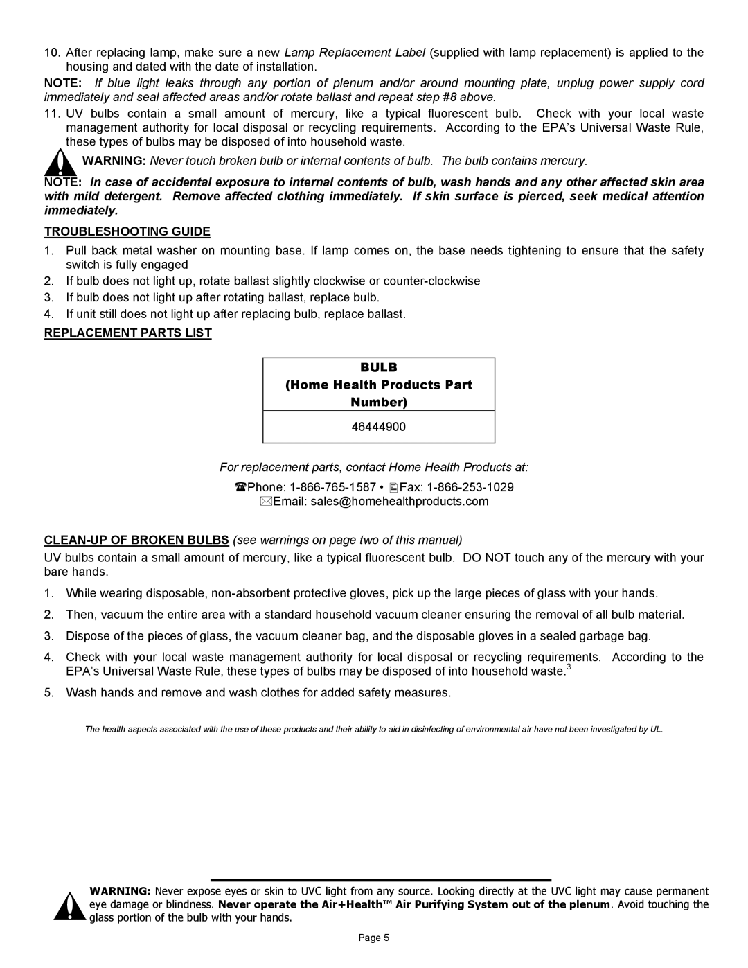 Air Health AH-1 Troubleshooting Guide, Replacement Parts List Bulb, For replacement parts, contact Home Health Products at 