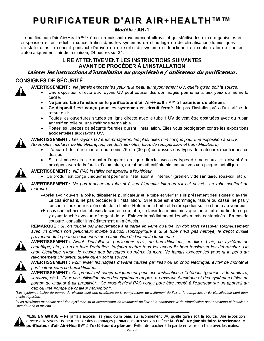 Air Health AH-RL, AH-1 Purificateur D’AIR AIR+HEALTH, Avertissement NE PAS installer cet appareil à l’extérieur 