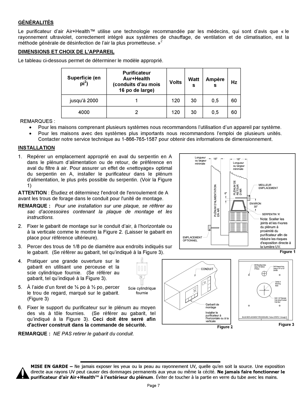 Air Health AH-1, AH-RL Généralités, Dimensions ET Choix DE L’APPAREIL, Remarque NE PAS retirer le gabarit du conduit 