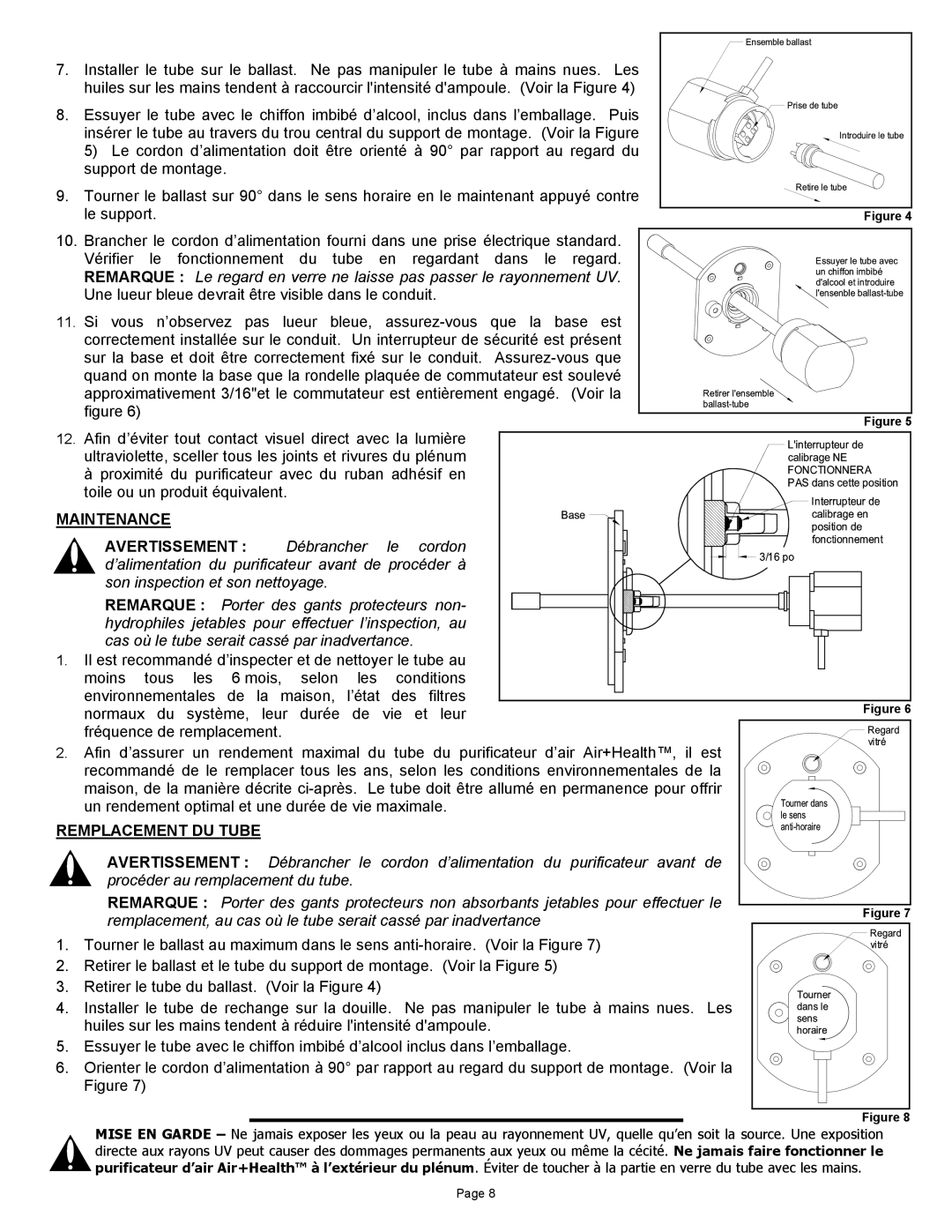 Air Health AH-RL, AH-1 instruction sheet Maintenance, Remplacement DU Tube 