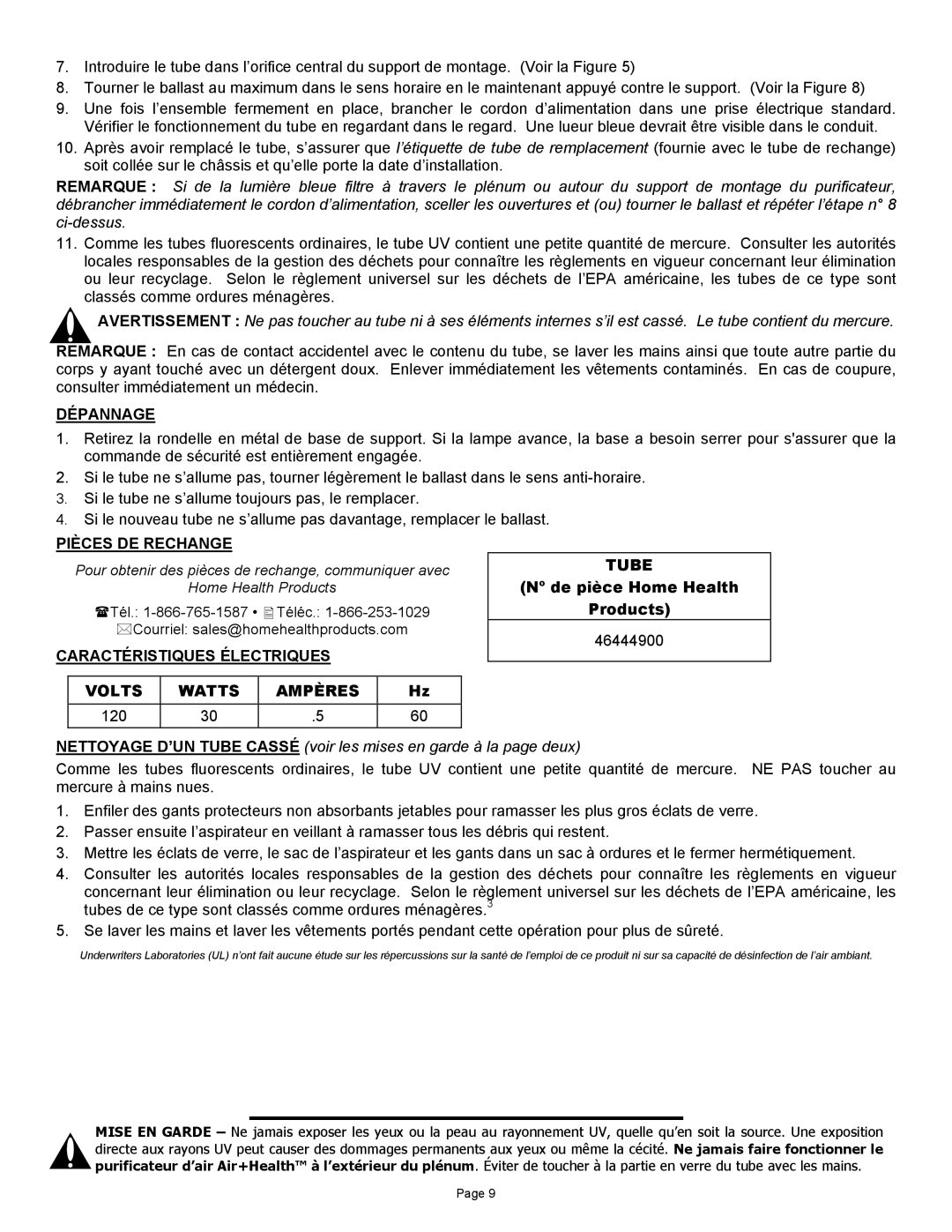 Air Health AH-1, AH-RL Dépannage, Pièces DE Rechange, Pour obtenir des pièces de rechange, communiquer avec, 46444900 