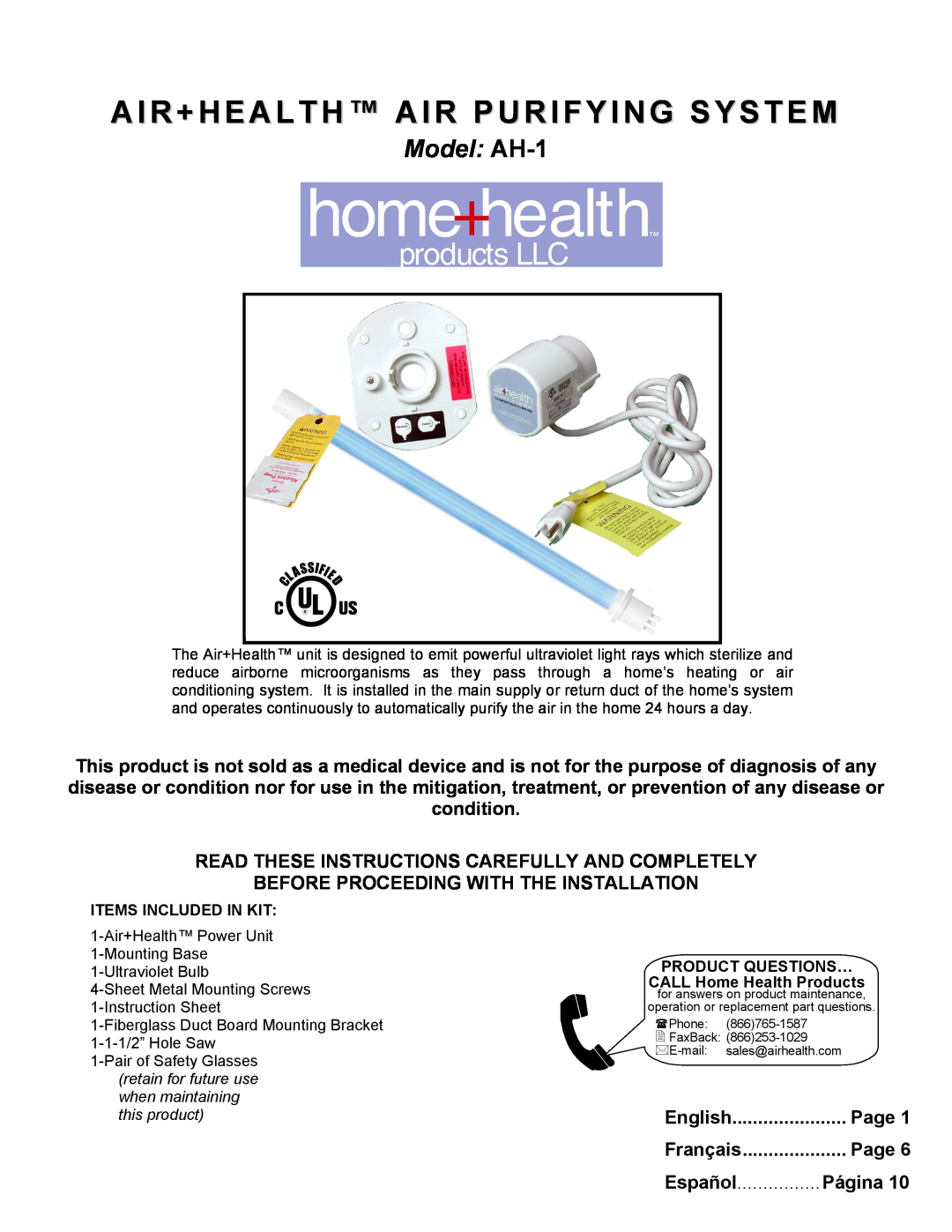 Air Health instruction sheet Air+Health Air Purifying System, Model AH-1, Before Proceeding With The Installation, Page 