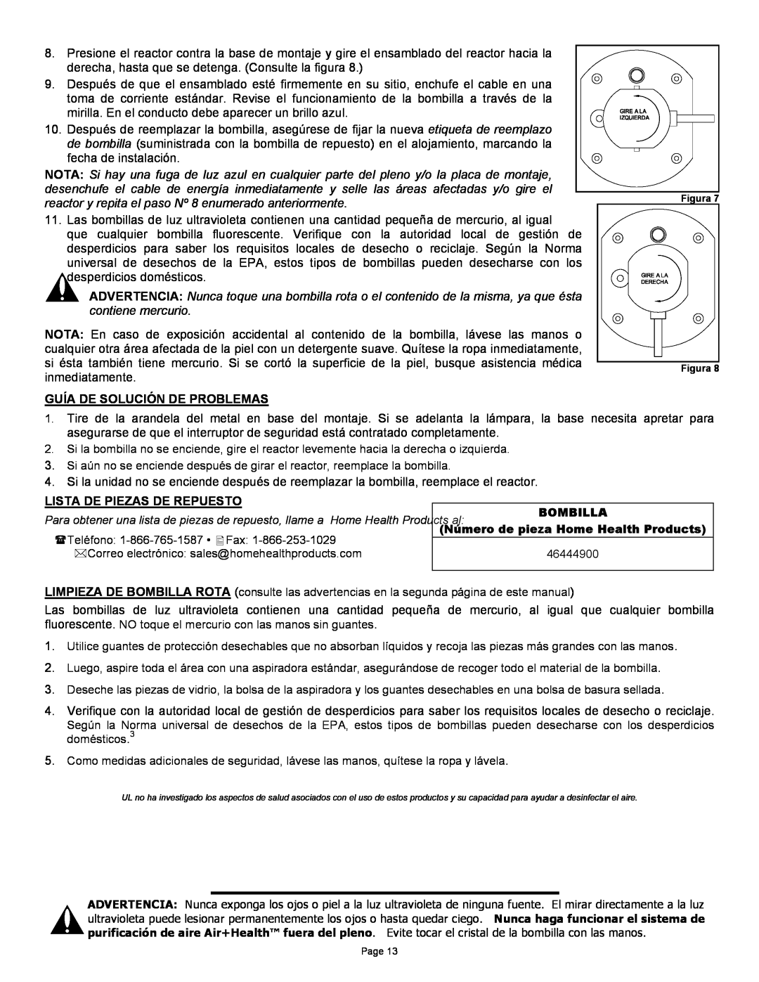 Air Health AH-1, AH-RL instruction sheet Lista De Piezas De Repuesto, Guía De Solución De Problemas 