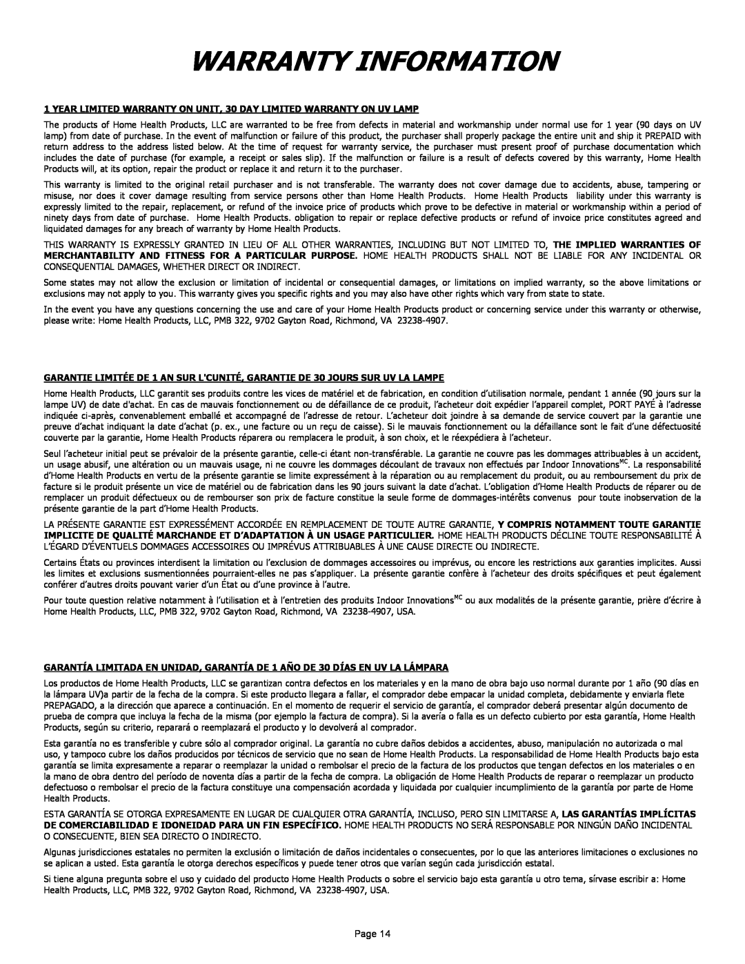 Air Health AH-RL, AH-1 instruction sheet Warranty Information, Page 