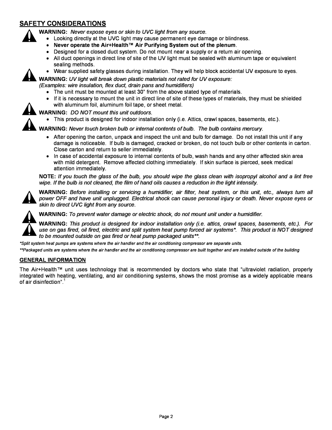 Air Health AH-RL, AH-1 instruction sheet Safety Considerations, General Information 