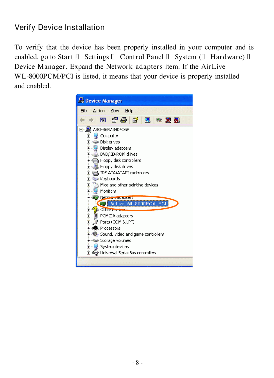 Air Health WL-8000 Series user manual Verify Device Installation 