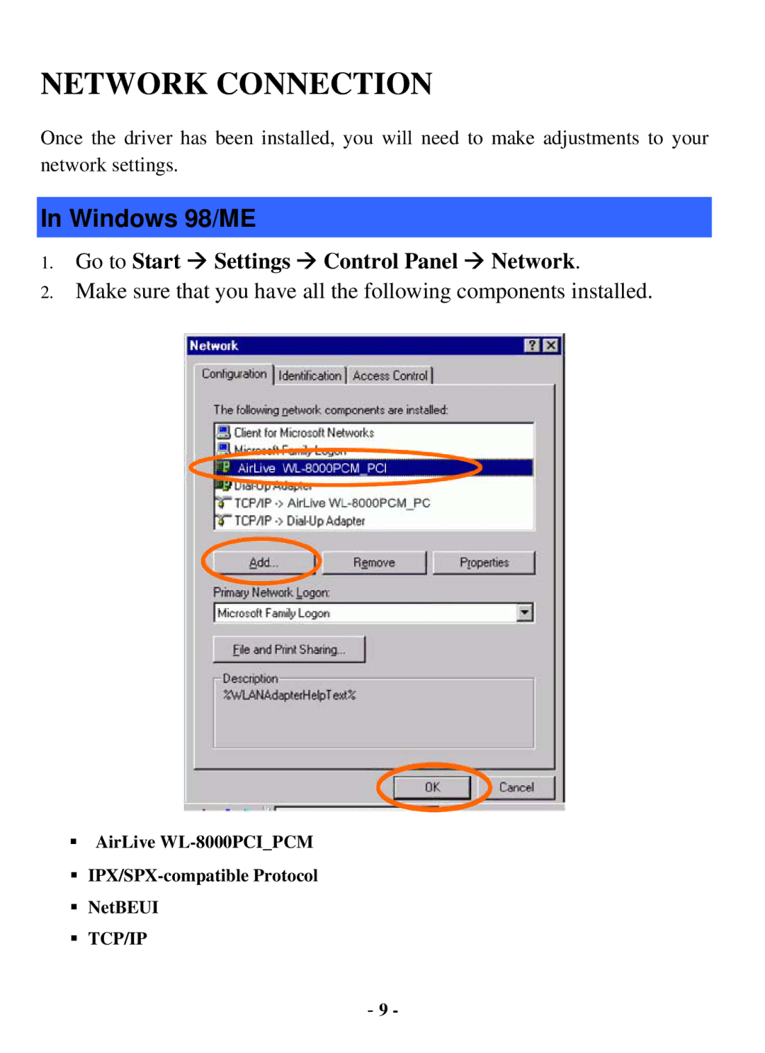 Air Health WL-8000 Series user manual Network Connection, Windows 98/ME 