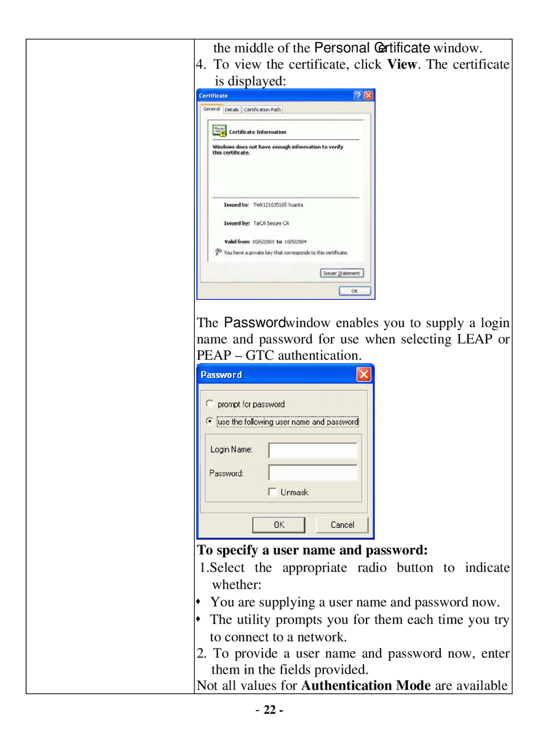 Air Health WL-8000 Series user manual To specify a user name and password 