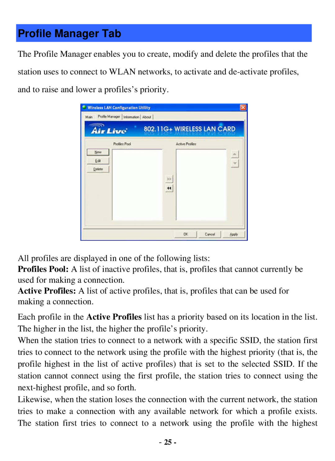 Air Health WL-8000 Series user manual Profile Manager Tab 