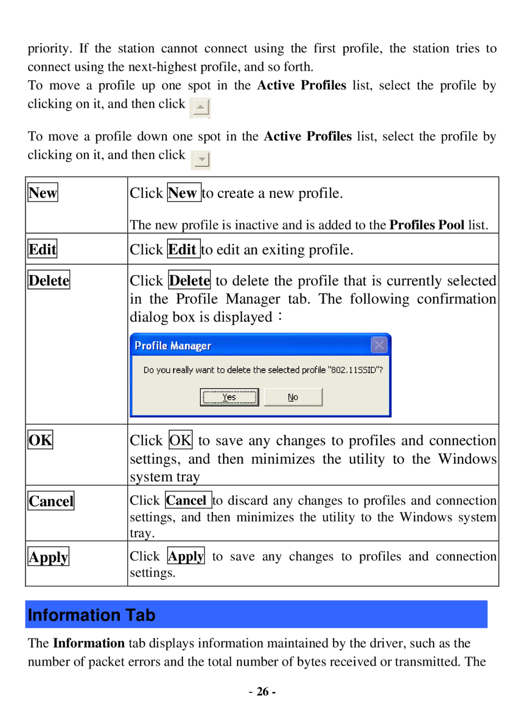 Air Health WL-8000 Series user manual Information Tab, New Edit Delete Cancel Apply 