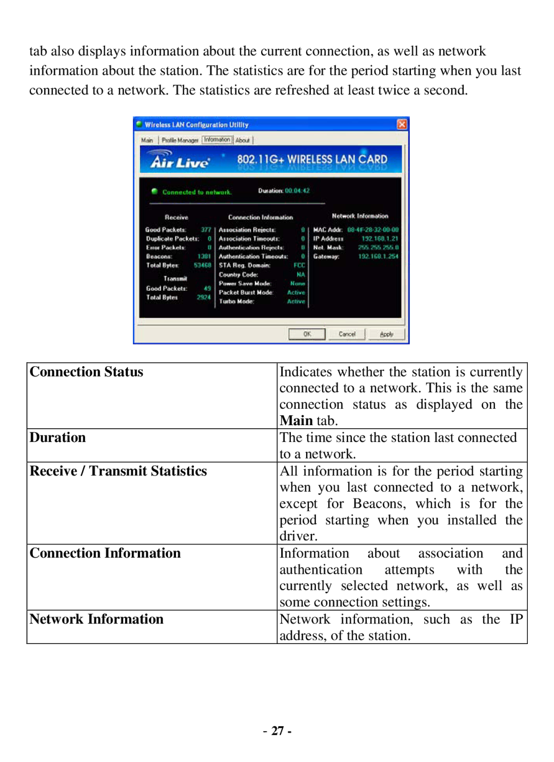 Air Health WL-8000 Series Connection Status, Main tab Duration, Receive / Transmit Statistics, Connection Information 