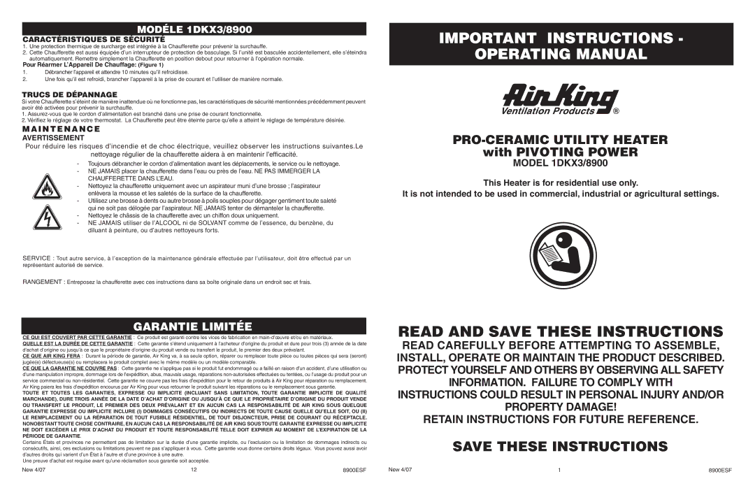 Air King 1DKX3/8900 operating instructions Important Instructions Operating Manual, PRO-CERAMIC Utility Heater 