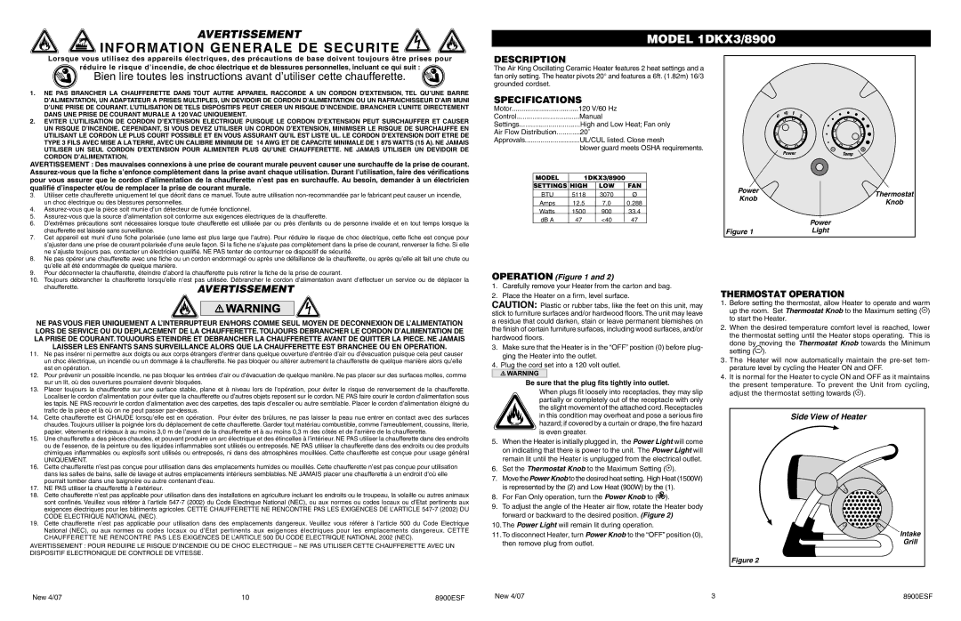 Air King 1DKX3/8900 operating instructions Specifications, Thermostat Operation 