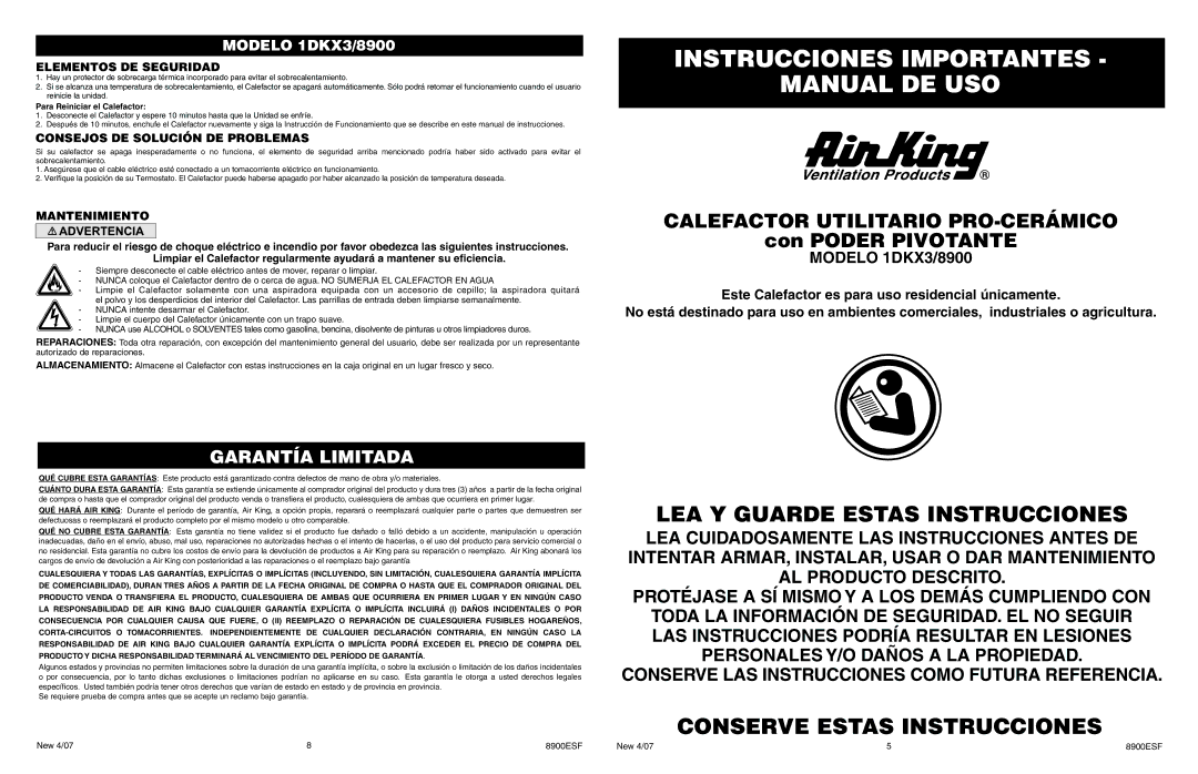 Air King 1DKX3/8900 Instrucciones Importantes Manual DE USO, LEA Y Guarde Estas Instrucciones, Con Poder Pivotante 