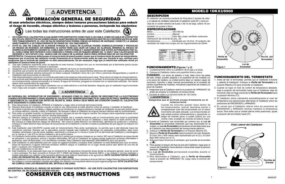 Air King 1DKX3/8900 Información General DE Seguridad, Lea todas las instrucciones antes de usar este Calefactor 