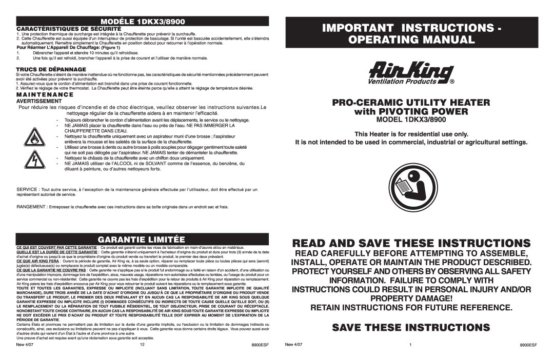 Air King 1DKX3/8900 operating instructions Important Instructions Operating Manual, Save These Instructions, Avertissement 