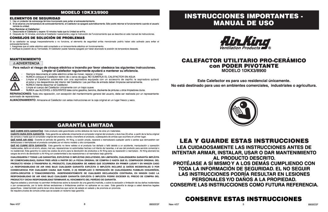 Air King 1DKX3/8900 Instrucciones Importantes Manual De Uso, Lea Y Guarde Estas Instrucciones, con PODER PIVOTANTE 