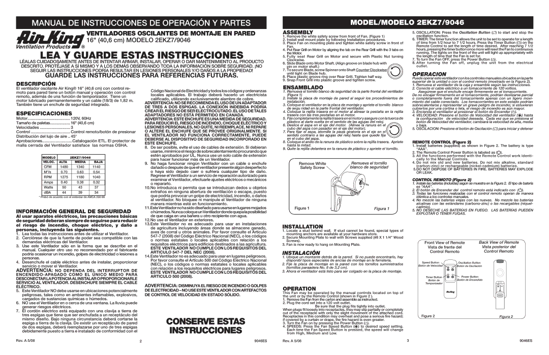 Air King 2EKZ7, 9046 Assembly, Descripción, Información General DE Seguridad, Ensamblado, Installation, Operation 