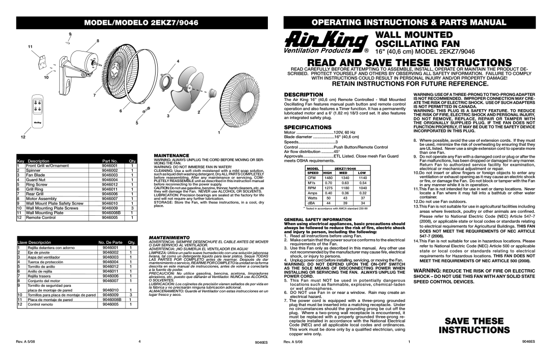 Air King specifications Read And Save These Instructions, Wall Mounted Oscillating Fan, MODEL/MODELO 2EKZ7/9046 