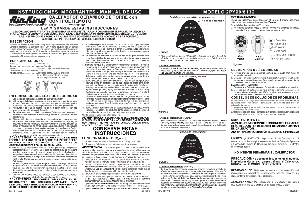 Air King 2PY99/8132 Descripción, Especificaciones, Información General DE Seguridad, Elementos DE Seguridad, Mantenimiento 