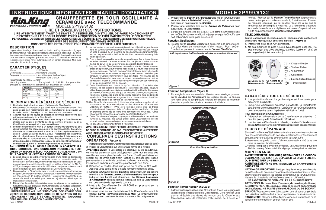 Air King 2PY99/8132 Caractéristiques, Information Générale DE Sécurité, Caractéristique DE Sécurité, Trucs DE Dépannage 