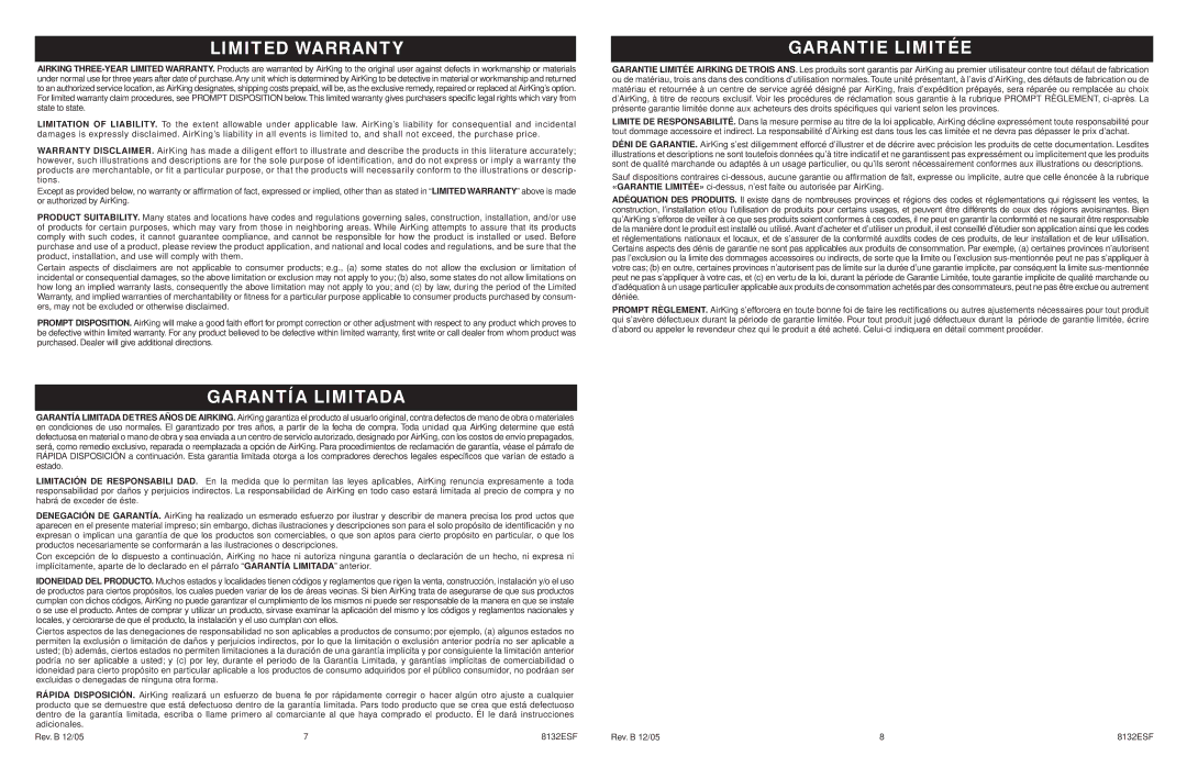 Air King 2PY99/8132 specifications Limited Warranty 
