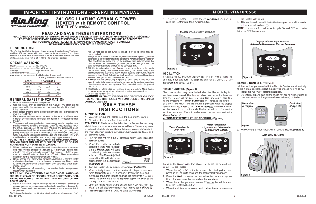 Air King specifications Save These Instructions, Important Instructions Operating Manual, Model 2RA10/8566 