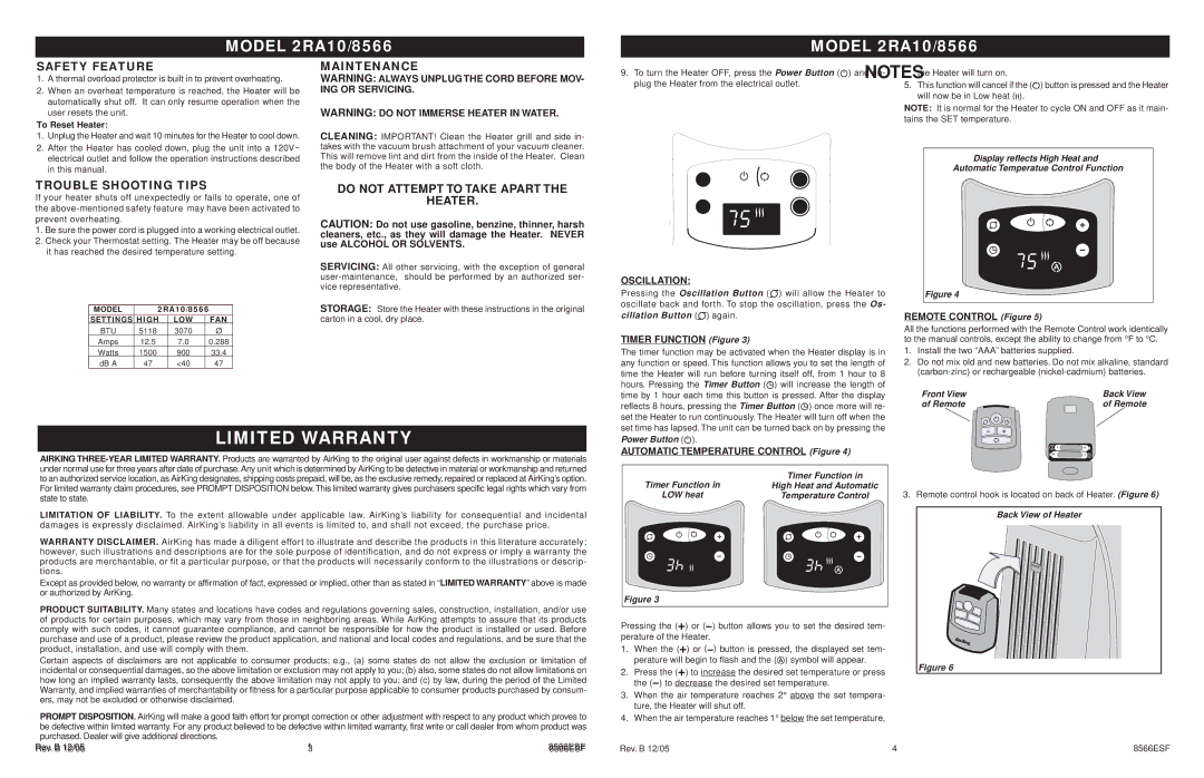 Air King 2RA10/8566 specifications Limited Warranty, Safety Feature, Trouble Shooting Tips, Maintenance 