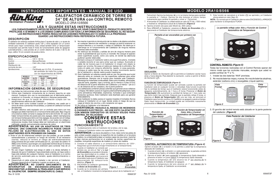 Air King specifications Instrucciones Importantes Manual DE USO, Modelo 2RA10/8566, LEA Y Guarde Estas Instrucciones 