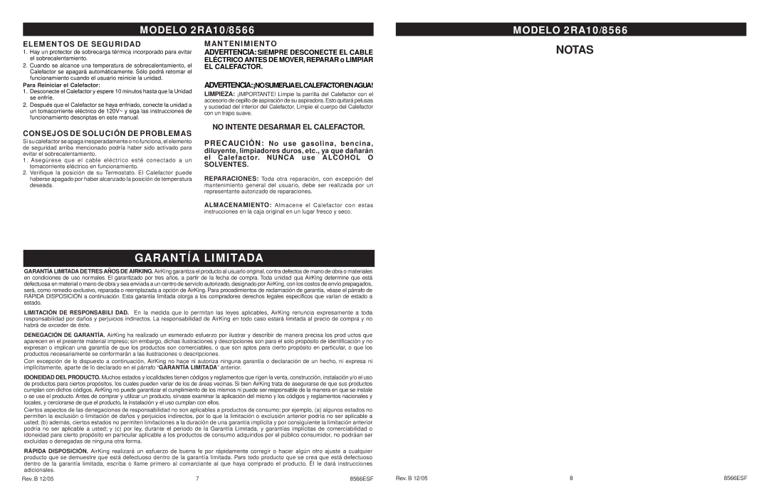 Air King 2RA10/8566 specifications Notas, Garantía Limitada 