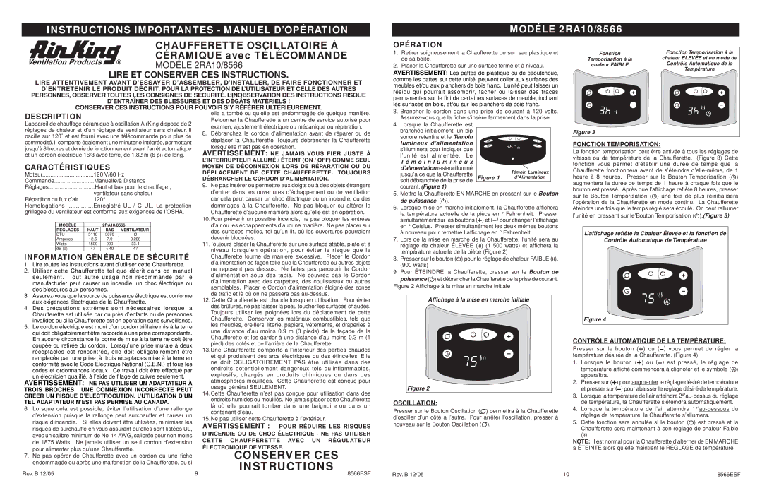 Air King Conserver CES, Instructions Importantes Manuel D’OPÉRATION, Modéle 2RA10/8566, Céramique avec Télécommande 