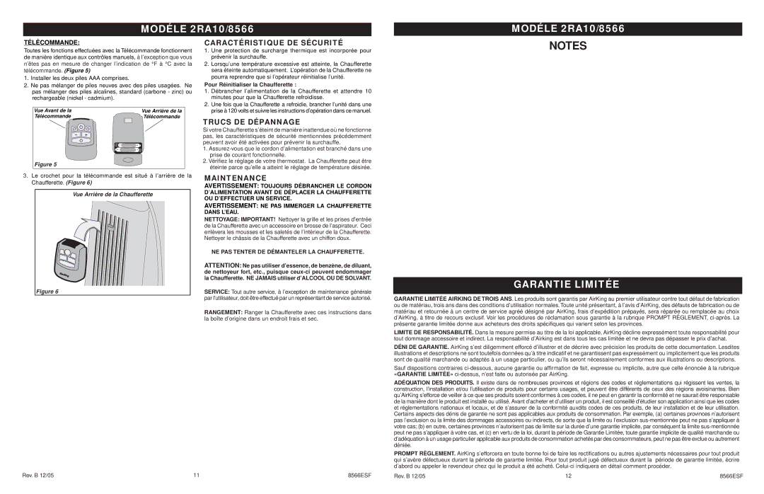 Air King 2RA10/8566 Garantie Limitée, Caractéristique DE Sécurité, Trucs DE Dépannage, Vue Arrière de la Chaufferette 