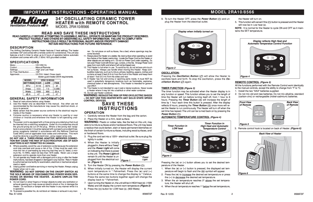 Air King specifications Save These Instructions, Important Instructions - Operating Manual, MODEL 2RA10/8566, Operation 