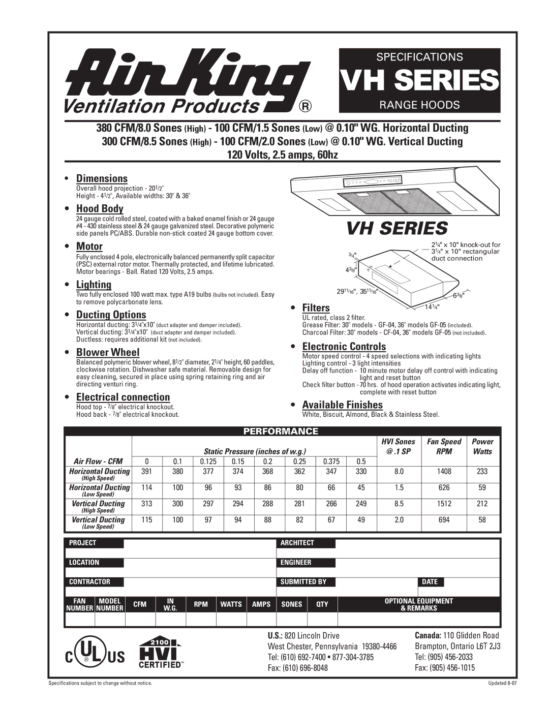 Air King 100 CFM, 300 CFM specifications Dimensions, Hood Body, Motor, Lighting, Ducting Options, Blower Wheel, Filters 