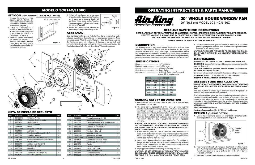 Air King 9166C specifications Operación, Lista DE Piezas DE Repuesto, Read and Save These Instructions, Description 