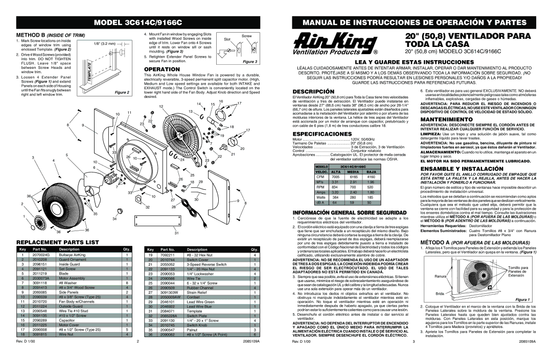 Air King 3C614C, 9166C Operation, LEA Y Guarde Estas Instrucciones, Descripción, Mantenimiento, Especificaciones 