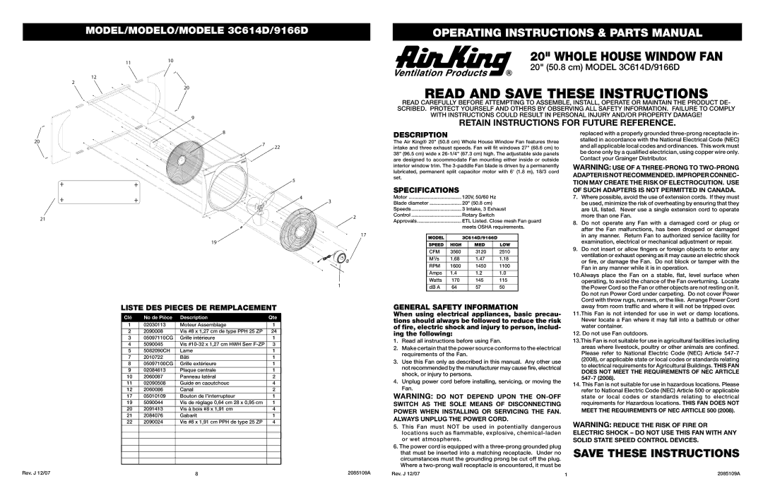 Air King 9166D specifications Description, Liste DES Pieces DE Remplacement, Specifications, General Safety Information 