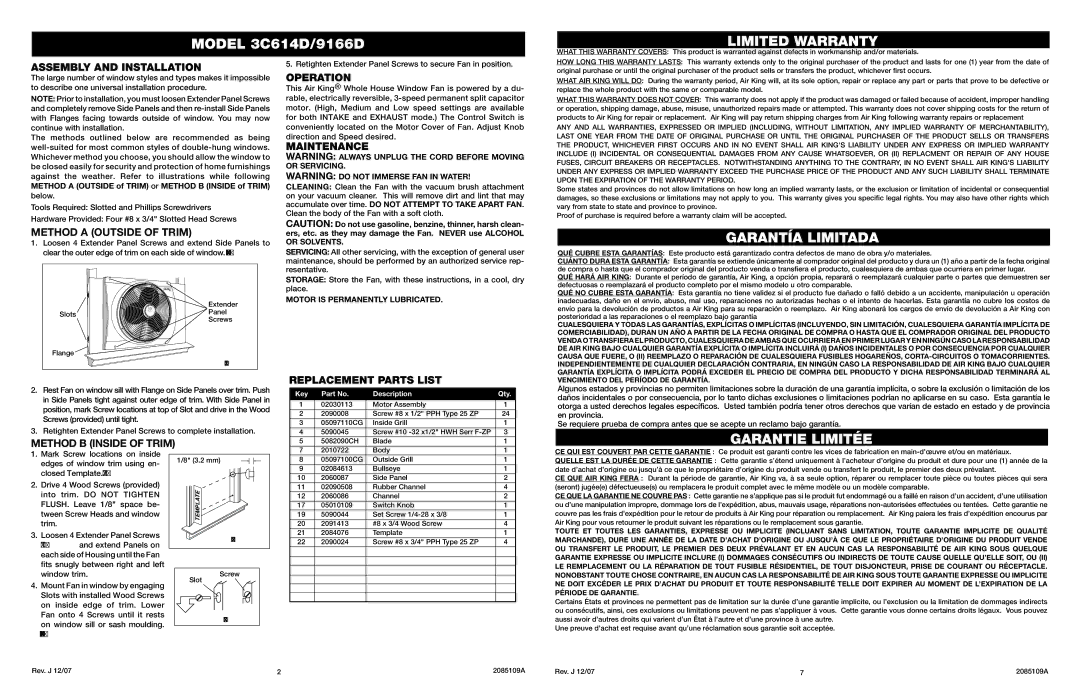 Air King 3C614D, 9166D Assembly and Installation, Method a Outside of Trim, Method B Inside of Trim, Maintenance 