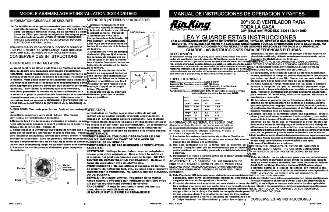 Air King 9166D, 3C614D specifications Information Générale DE Sécurité, Assemblage ET Installation, Descripción, Operation 