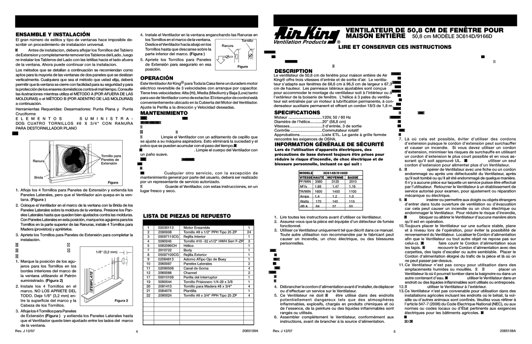 Air King 3C614D Ensamble Y Instalación, Método a POR Afuera DE LAS Molduras, Mantenimiento, Lista DE Piezas DE Repuesto 