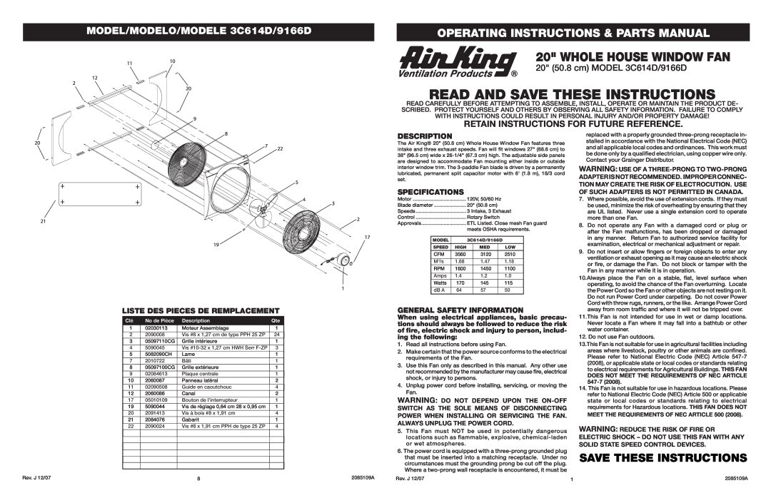 Air King 9166D, 3C614D specifications Read And Save These Instructions, Operating Instructions & Parts Manual, Description 