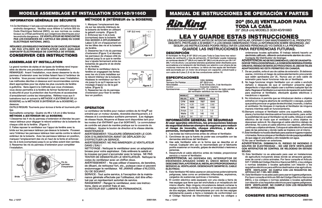 Air King 9166D Lea Y Guarde Estas Instrucciones, Manual De Instrucciones De Operación Y Partes, 20 50,8 VENTILADOR PARA 