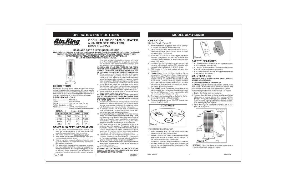 Air King 3LY41/8540 specifications Operation, Description, Specifications, General Safety Information, Controls 