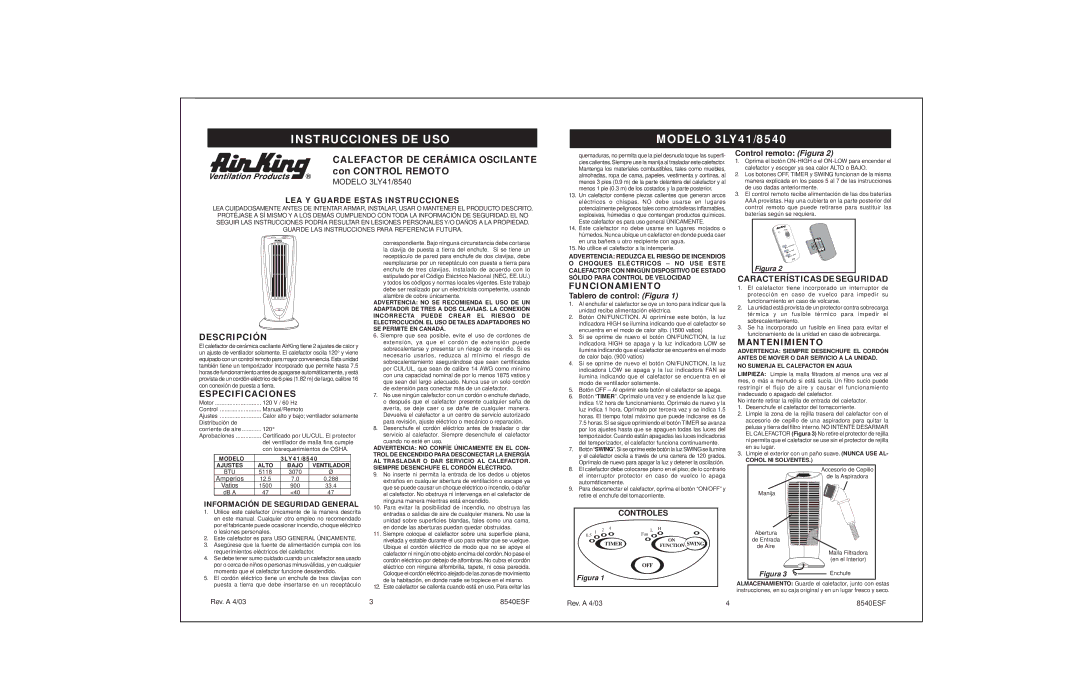 Air King 3LY41/8540 specifications Descripción, Especificaciones, Funcionamiento, Característicasdeseguridad, Mantenimiento 