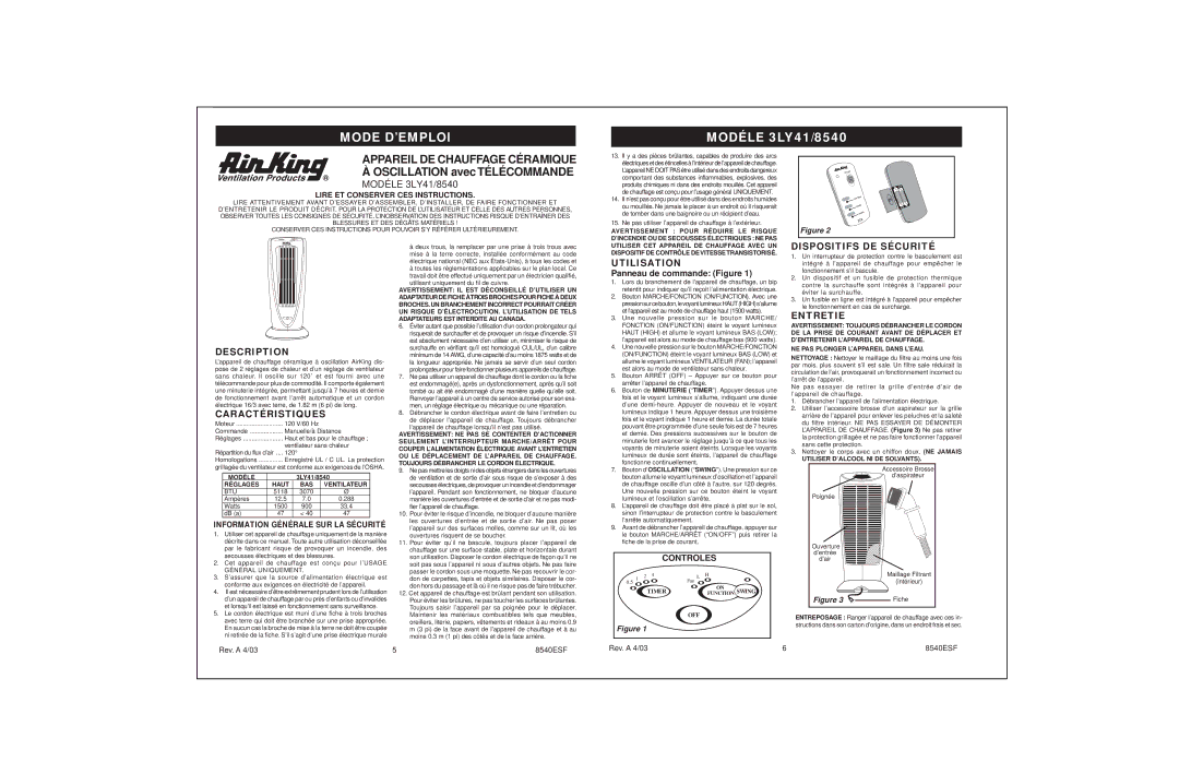 Air King 3LY41/8540 specifications Caractéristiques, Utilisation, Dispositifs DE Sécurité, Entretie 