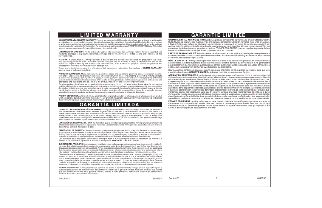 Air King 3LY41/8540 specifications Limited Warranty 