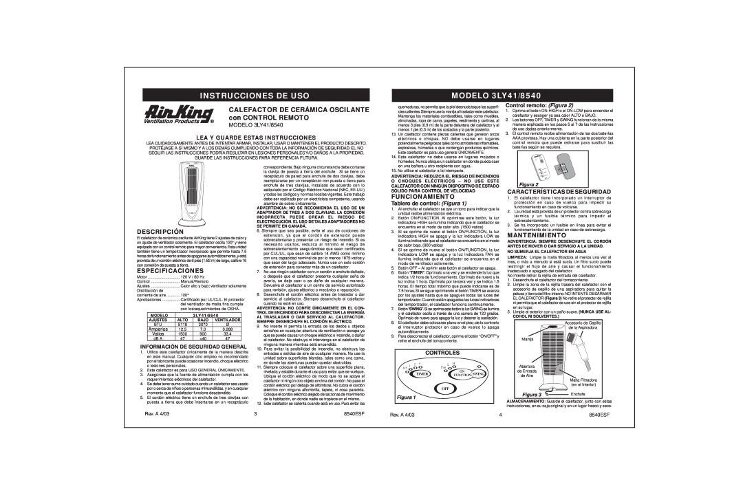 Air King Instrucciones De Uso, MODELO 3LY41/8540, Descripción, Especificaciones, Funcionamiento, Mantenimiento, Figura 
